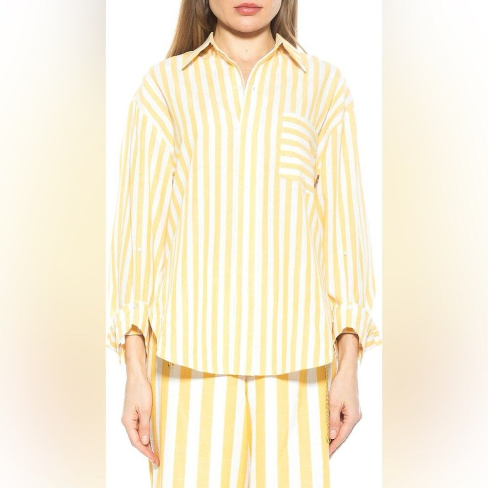 Alexia Admor Yellow Stripe Slouchy Oversized Boyfriend Button-Up Shirt Circus- 2